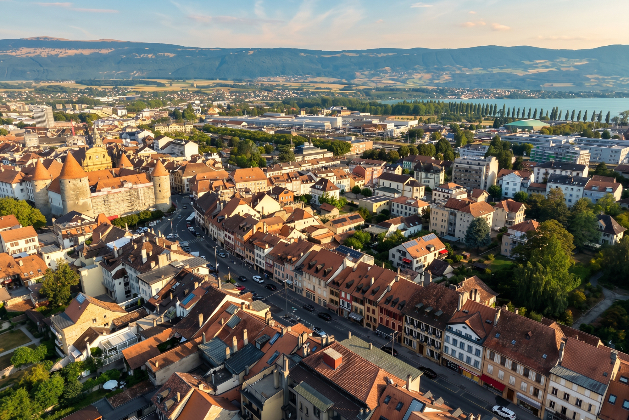 Vue aérienne d’Yverdon-les-Bains, son château, ses toits et le lac de Neuchâtel